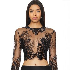 The Sei Black Delicate Lace Crewneck Long Sleeve Crop Top New With Tags